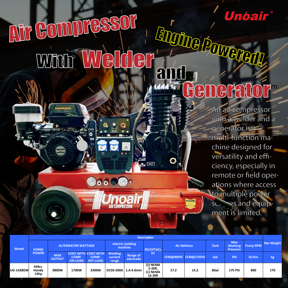 Unoair air compressor welder weld generator AC DC power engine gas gasoline